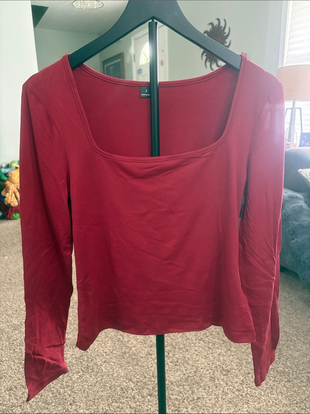 Women's Red Long-Sleeve Square Neck Top